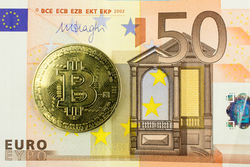 Cryptocurrency Bitcoin and Euro banknote. Blockchain technology. Virtual Digital money