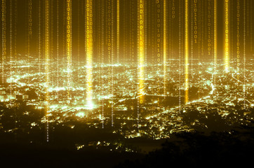 abstract data digital line connection on night city background , gold tone