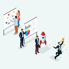 Trendy Isometric people, 3d businessman, development of start-up, path to success, creative young people, team of professionals, business creation, rocket on light