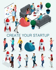 Trendy isometric people, 3d businessman, concept with young people, young team of specialists, creating startup, brainstorming strategy development isolated
