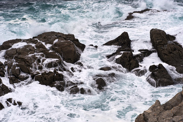 Gischt am Cabo Touri&ntilde;an, Gemeinde Muxia (Mug&iacute;a), Costa da Morte, Provinz La Coru&ntilde;a, Galicien Spanien