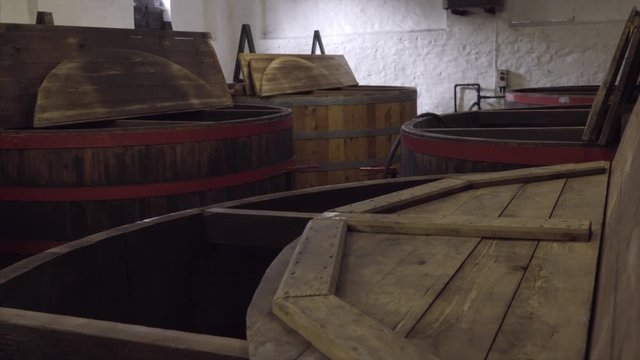 Wooden boat-skin larch vats for fermentation whiskey making Scotland