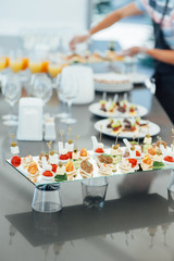 Snacks, fish and meat specialities on the buffet.