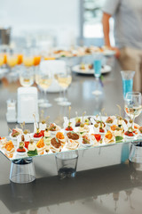 Snacks, fish and meat specialities on the buffet.