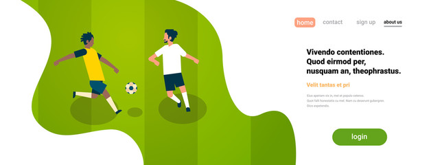 football gameplay two soccer players different teams on field championchip concept banner flat copy space vector illustration © mast3r