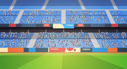 empty football stadium field arena filled tribunes before start match flat horizontal vector illustration - obrazy, fototapety, plakaty