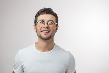 awesome with shocked, amazed expression. admiration concept.close up portrait. copyspace