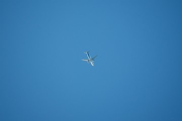 White airplane in the sky on high altitude
