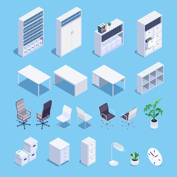 Isometric set of office furniture icons.