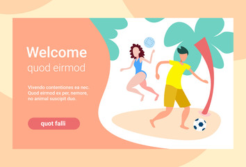 couple playing beach games female male activity cartoon character full length horizontal copy space flat vector illustration