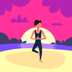 Obraz na płótnie Canvas man doing yoga exercises sunset beach background male sport activity cartoon character full length flat vector illustration