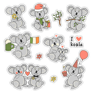 Big set stickers badges with cute koala bear in different poses. I love koala. Trendy patches with happy animals. 