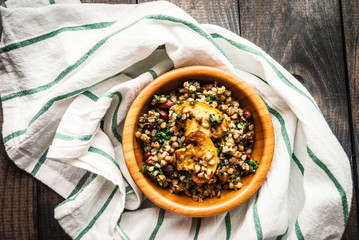 Bamboo bowl of boiled buckwheat