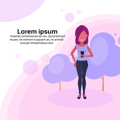 young woman using smartphone female cartoon character full length flat copy space vector illustration