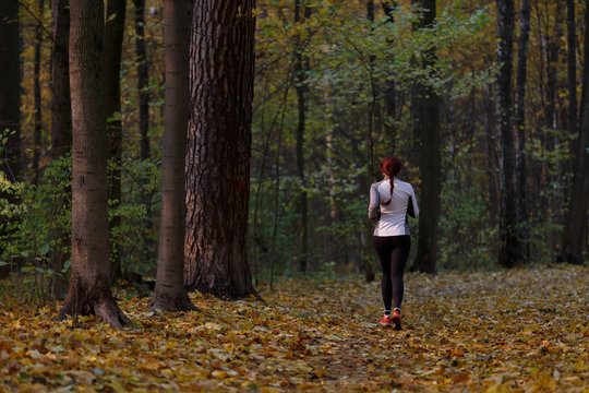 Image from back in full growth of woman running along autumn foliage