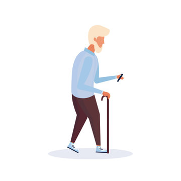 old man character using smartphone elderly grandfather walking isolated full length flat cartoon vector illustration