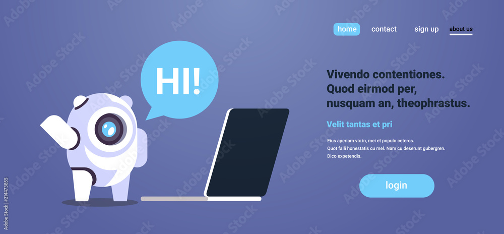 Poster chat bot using laptop computer speech bubble robot virtual assistance website mobile applications ar