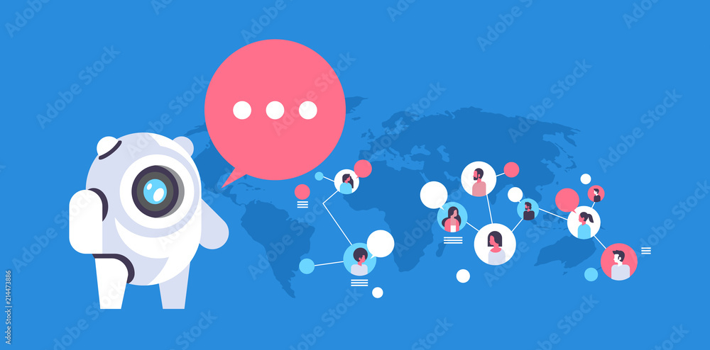 Poster chatbot robot speech bubble people avatar global communication connection artificial intelligence co