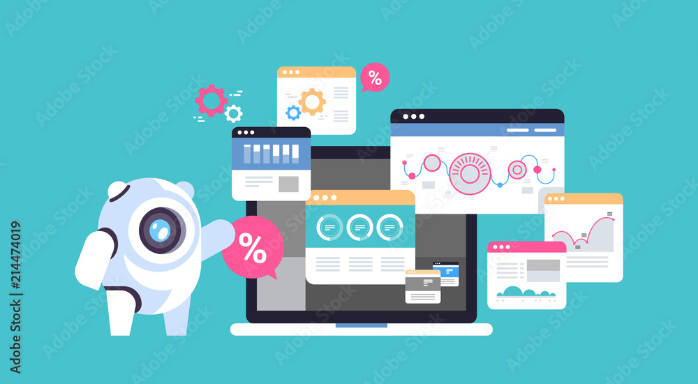 Poster data analysis bot robot graph diagram finance artificial intelligence concept over blue background f