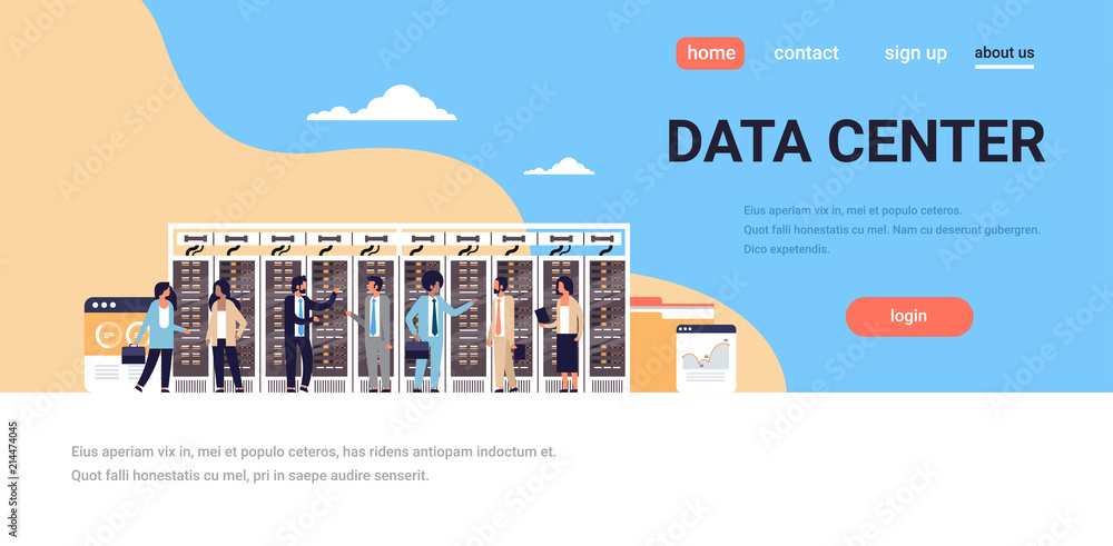 Poster people working data center room hosting server computer monitoring information database graph diagra