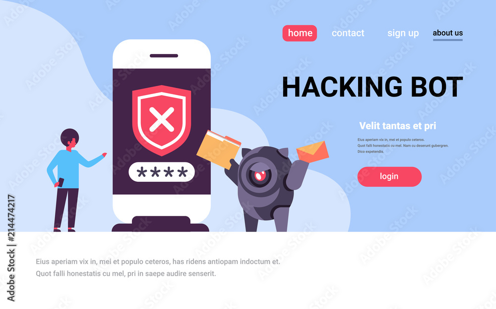 Poster african man incorrect password hacking bot smartphone verification mobile security app access concep