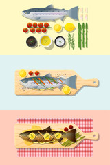 Set of salmon steak recipe , preparation cooking and plating , vector , illustration