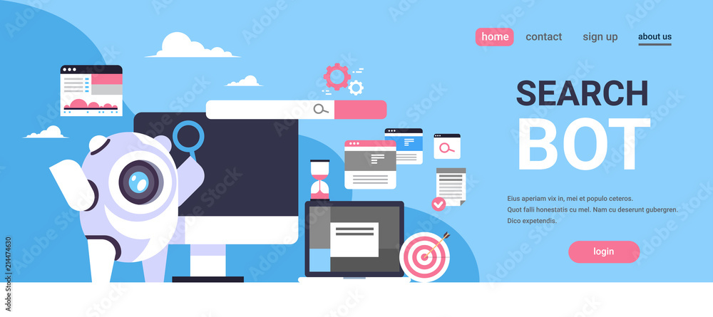 Poster search bot seo engine optimization application internet searching concept artificial intelligence fl