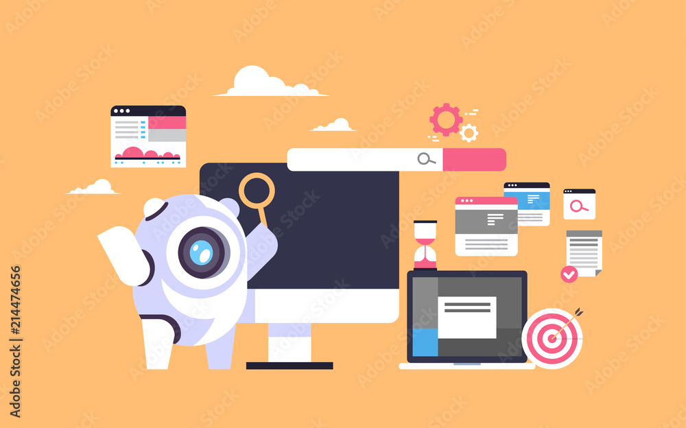 Poster search bot seo engine optimization application internet searching concept artificial intelligence fl