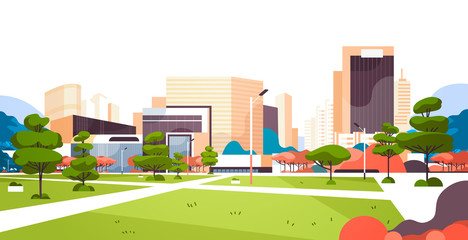 urban city park skyscraper buildings view modern cityscape downtown flat horizontal vector illustration © mast3r