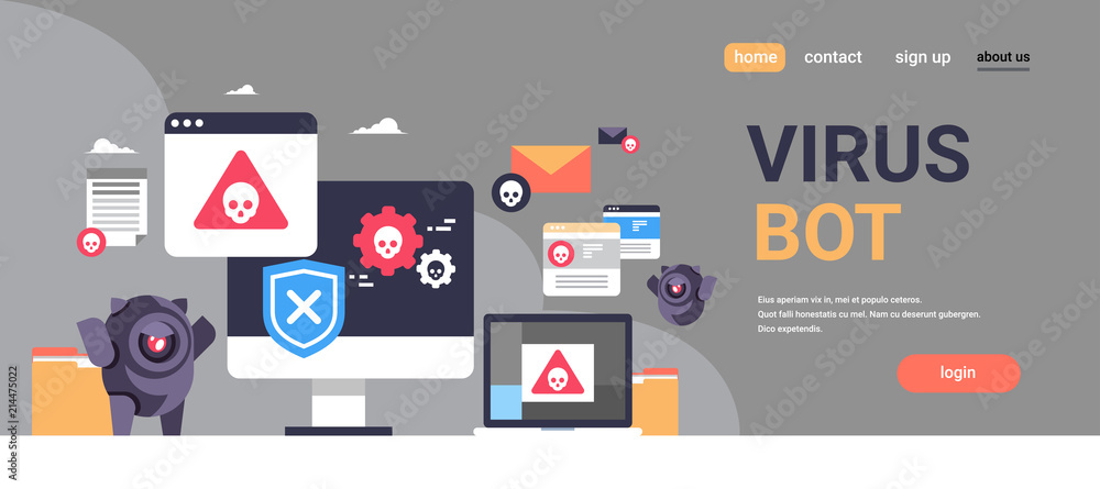 Poster virus bot robot hacker danger piracy error background pirate attack artificial intelligence concept 