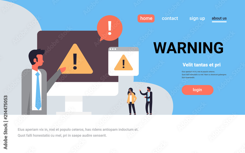 Poster warning concept danger piracy error background businessman problem solution concept flat horizontal 