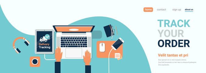 human hand laptop computer delivery track company top angle view horizontal banner copy space flat vector illustration