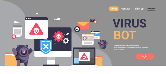 virus bot robot hacker danger piracy error background pirate attack artificial intelligence concept flat horizontal banner copy space vector illustration