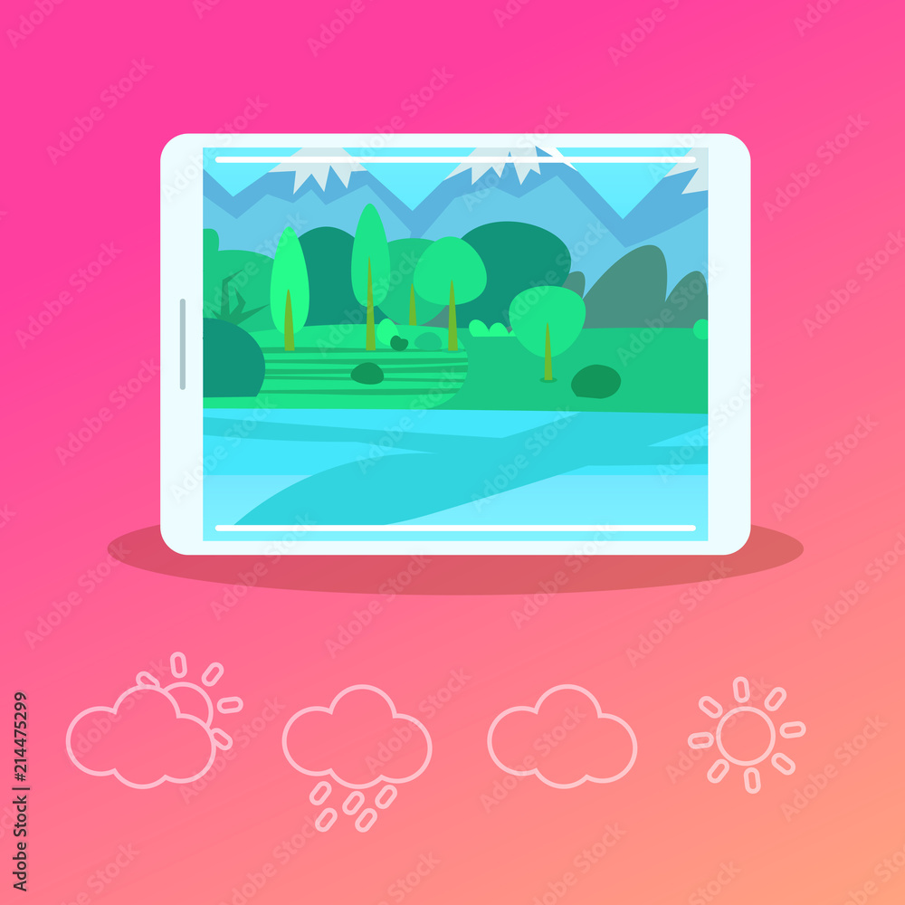 Poster mobile weather forecast application interface concept for design work and animation flat vector illu