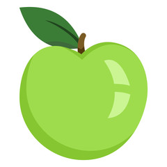 Vector Single Color Flat Icon - Green Apple Fruit with a Leaf