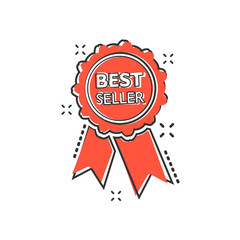 Vector cartoon best seller ribbon icon in comic style. Medal sign illustration pictogram. Bestseller business splash effect concept.