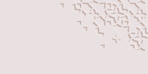 Arabic arabesque design greeting card for Ramadan Kareem.Islamic abstract ornamental monochrome detail of mosaic.Vector illustration.