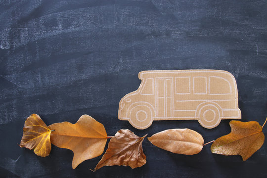 Back to school concept. Top view image cardboard school bus over dry leaves and classroom blackboard background.