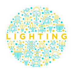 Lighting concept in circle with thin line icons: bulb, LED, CFL, candle, table lamp, sunlight, spotlight, flash, candelabrum, bonfire, menorah, lighthouse. Vector illustration, print media template.
