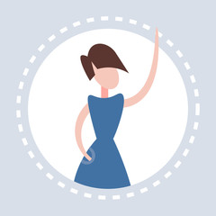 woman raising hand up round frame gray background faceless female cartoon character portrait flat vector illustration