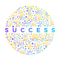 Success concept in circle thin line icons: trophy, idea, mountain peak, career, bullhorn, strategy, ladder, winner, medal, award, good choice, easy, certificate. Vector illustration, web page template