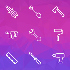 Fototapeta na wymiar Tools icons line style set with roller brush, measurement, screwdriver and other spanner elements. Isolated vector illustration tools icons.