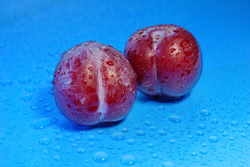 two ripe plums on a blue background in water drops
