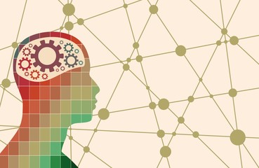 Silhouette of a man head with gear. Mental health relative brochure, report or flyer design template. Scientific medical designs. Connected lines with dots.