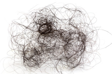 Pile of women's hair loss problem, hairs fall on white background.