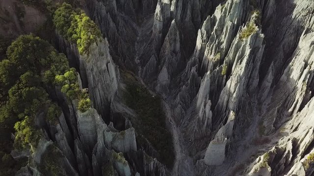 Aerial point of view of the Putangirua Pinnacles, New Zealand popular hiking and film location.