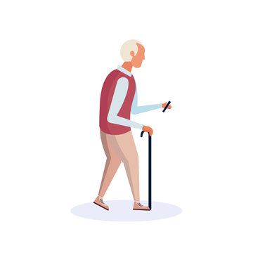 old man walking stick using smartphone elderly grandfather walk isolated cartoon character full length flat vector illustration