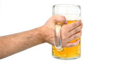 1 Litter beer in Big glass with hand holding on white background.