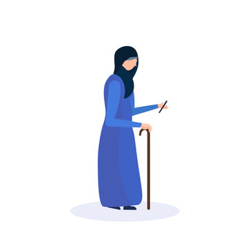 arab old woman walking stick using smartphone elderly grandmother walk isolated cartoon character full length flat vector illustration