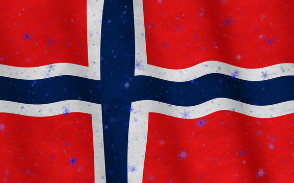 Illustration of a flying Norwegian Flag with snowflakes